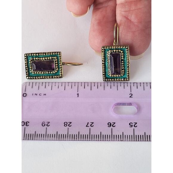 Amethyst Earrings Sterling Artisan Hand Crafted Enamel Pierced Gold Finish - Picture 10 of 10